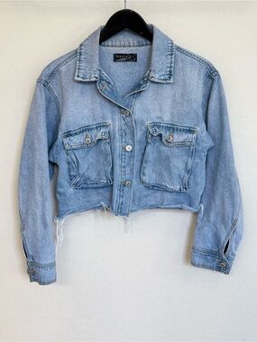 Maverick The Collection Cropped Distressed Acid Denim Jean Jacket Raw Hem Medium